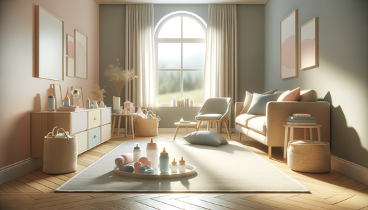 Bright, modern nursery with pastel decor, baby bottles, and soft children's accessories.